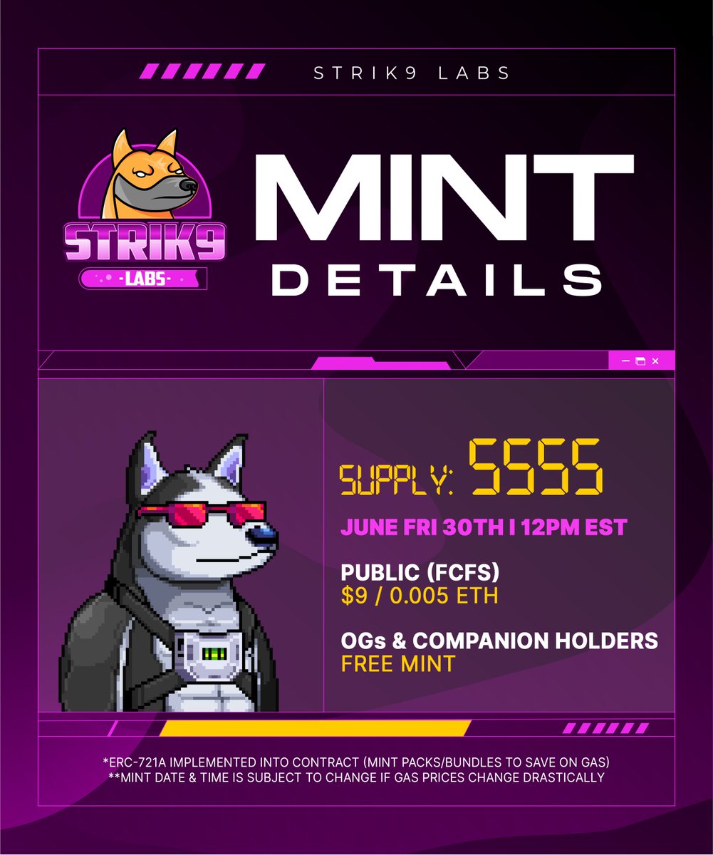 📢 Strik9 update! TOMORROW, Mint reopens at 12pm EST.  ⏰

🟪 New Mint Price: $9 / 0.005ETH

OG's &amp; Companions will have a 20 min window to claim Free Mints. (See discord for full details)

discord.gg/strik9labs

Get ready! 💜