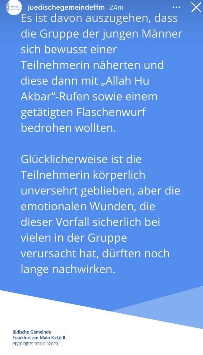 Lt. Jüdischer Gemeinde #Frankfurt kam es heute in der Stadt zu einem antisem. Vorfall gegen eine Gruppe, die aus Kindern und Enkelkindern von ehem. Frankfurtern besteht, die aufgrund ihres Jüdisch-seins ihre Heimat verlassen mussten. (1/2)
#Antisemitismus #Hessen