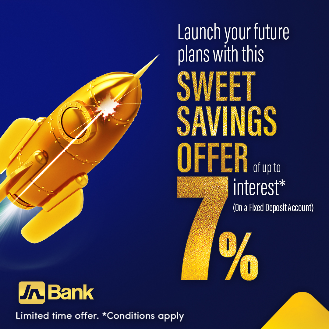 jnbanklimited's tweet image. Last chance to catch our sweet offer! Unlock up to 7% interest on a new fixed deposit account today! Start with a minimum deposit of J$500,000 and have funds fixed for one year. For more details, visit jnbank.com #JNBank #FixedDeposit #TheSweetOffer