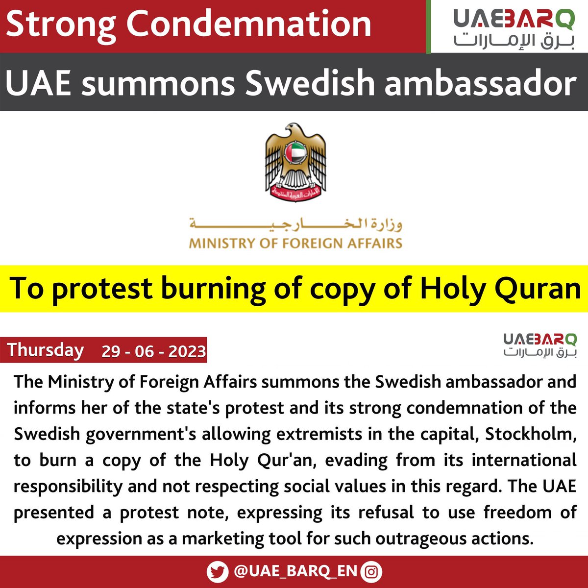 Burning the Quran is a sign of hate, extremism and terrorism of speech. Got nothing to do with “freedom of speech”.

I hope all Muslim countries unite to put an end to these constant insults to our sacred religion.
