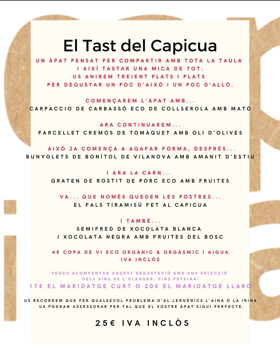 cuinetescapicua's tweet photo. Heu vist el #TastdelCapicua i les #DegustacionsdelCapicua q farem aquest #CapdeSetmana?
#DijousNit, #DivendresNit, #DissabteMigdia i #DissabteNit!
Fem #ElTastDelCapicua x 25€? #LesDegustacionsdelCapicua x 30€ 39€? O millor #Carta?
TU DECIDEIXES! https://t.co/w63eF6ygwH