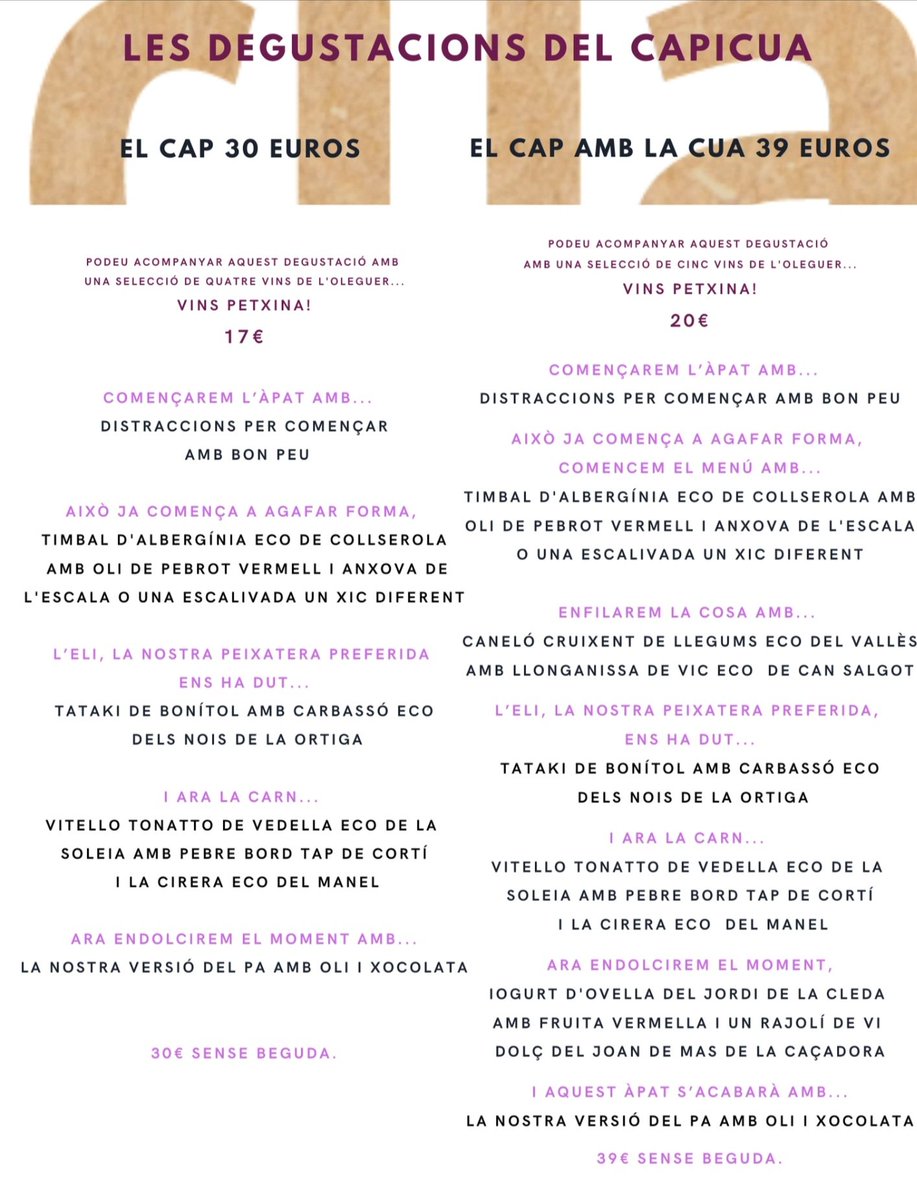 cuinetescapicua's tweet photo. Heu vist el #TastdelCapicua i les #DegustacionsdelCapicua q farem aquest #CapdeSetmana?
#DijousNit, #DivendresNit, #DissabteMigdia i #DissabteNit!
Fem #ElTastDelCapicua x 25€? #LesDegustacionsdelCapicua x 30€ 39€? O millor #Carta?
TU DECIDEIXES! https://t.co/w63eF6ygwH