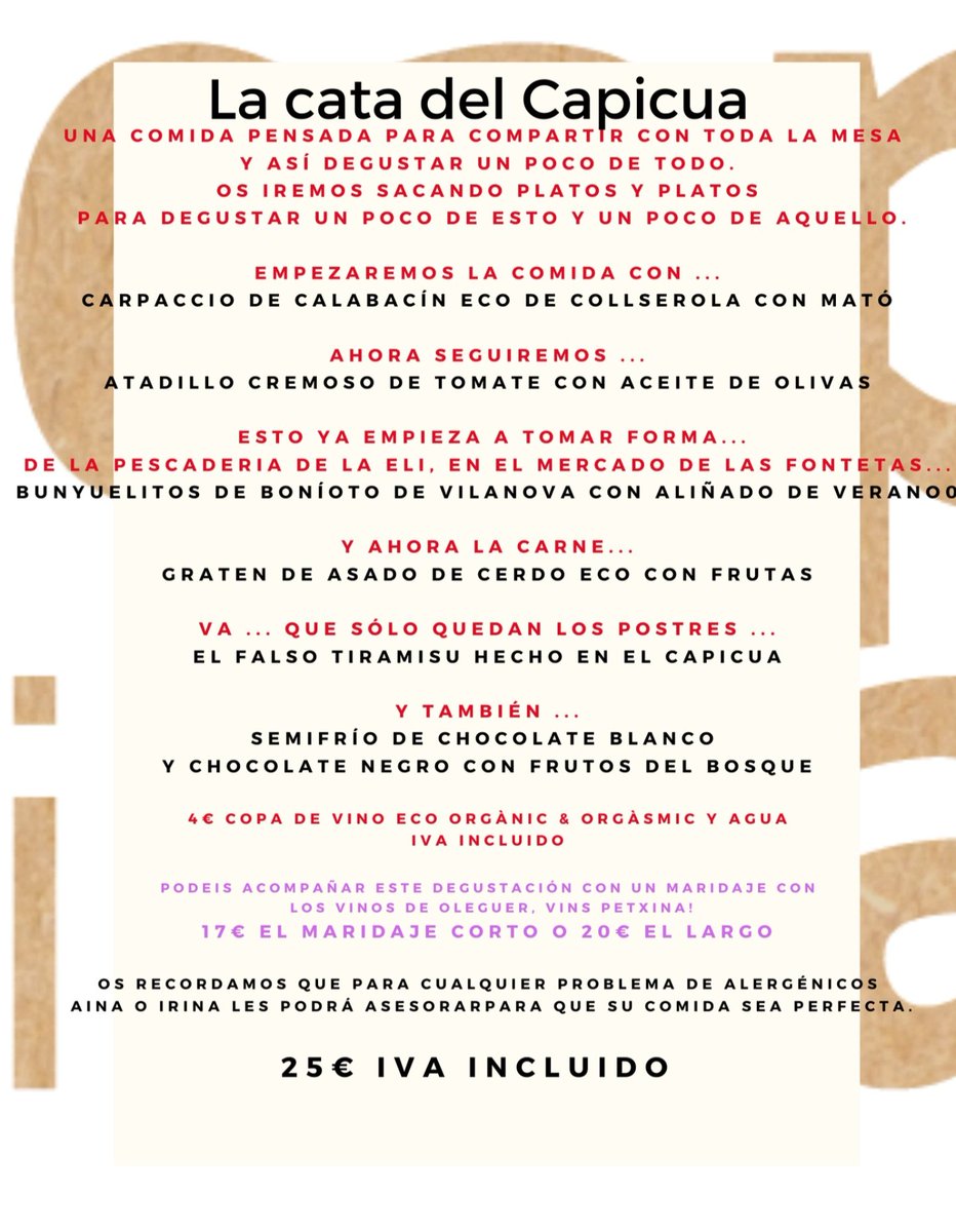 cuinetescapicua's tweet photo. Heu vist el #TastdelCapicua i les #DegustacionsdelCapicua q farem aquest #CapdeSetmana?
#DijousNit, #DivendresNit, #DissabteMigdia i #DissabteNit!
Fem #ElTastDelCapicua x 25€? #LesDegustacionsdelCapicua x 30€ 39€? O millor #Carta?
TU DECIDEIXES! https://t.co/w63eF6ygwH