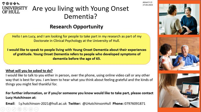 Hello everyone. Thank you so much for all your support on my research so far. I am still looking for more people living with Young Onset Dementia to get involved! Please retweet and share #Youngonsetdementia #dementiaresearch