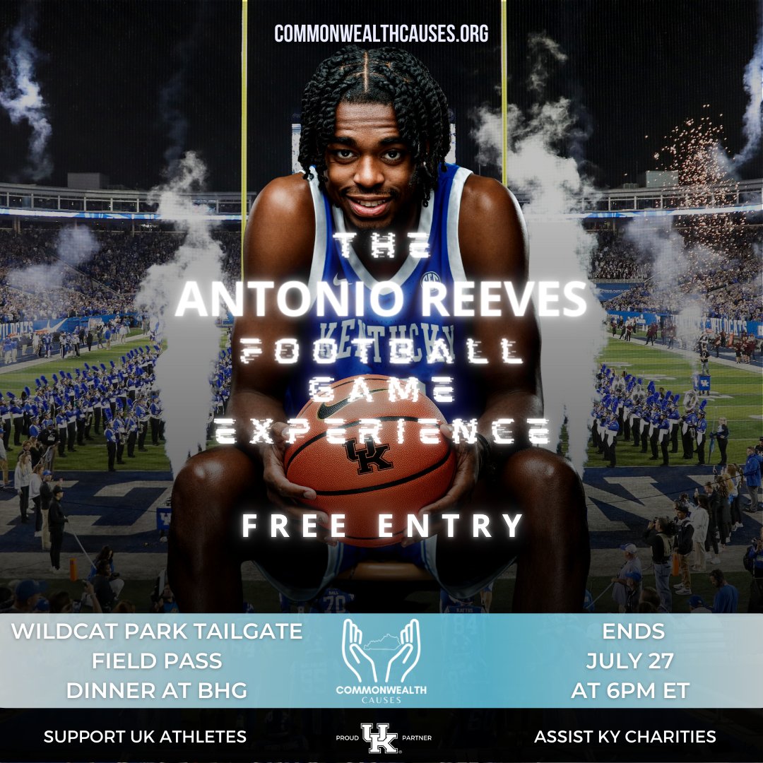 KYCauses's tweet image. FREE RAFFLE🚨 The Antonio Reeves VIP Football Game Experience is LIVE! 🔵⚪️  You and one guest will join @ToniooReeves for a day at Kroger Field.  Pregame at the Wildcat Park Tailgate.  Watch the game from the sidelines with a field pass! Top it off with dinner at the…