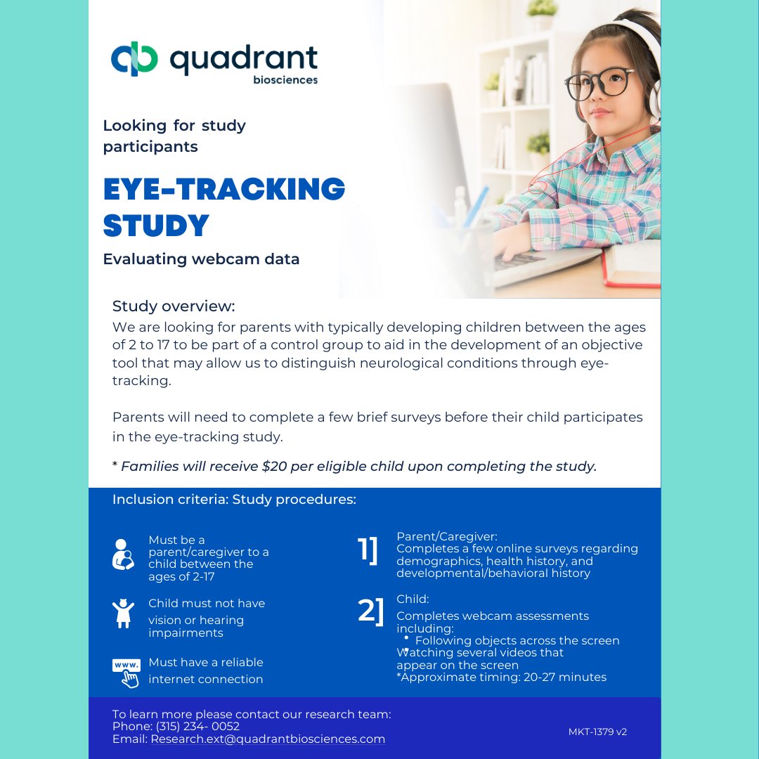 QuadBioInc's tweet photo. Interested in helping with the research of an objective tool that may allow the distinguishing of neurological conditions through tracking eye movements?

Quadrant Biosciences is looking for families with typically developing children ages 2-17. https://t.co/5OV5d09pSZ