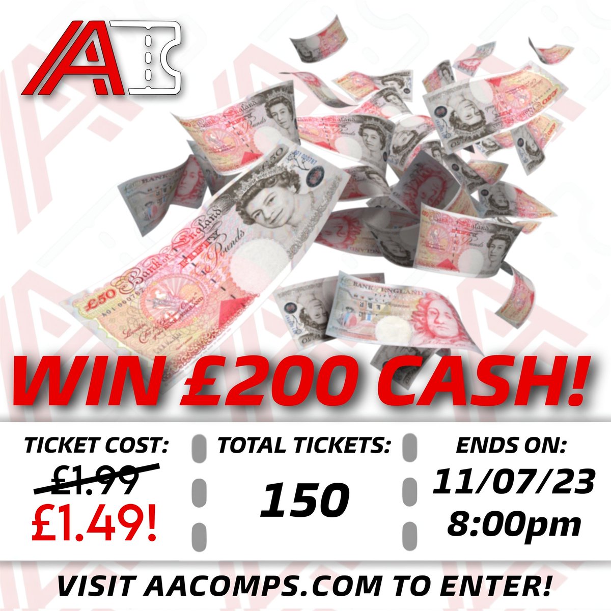 AA_Comps's tweet photo. Sale now on our £200 Cash Draw ending the 4th July!
Tickets are now just £1.49 each, why not come and try your luck!
Go to https://t.co/L2FzXyz11n to get your tickets today! 😁
#ukcompetition #ukcompetitions #raffle #ukgiveaway #WIN #winningmadeeasy #winningmindset https://t.co/s6h9IBPC0t