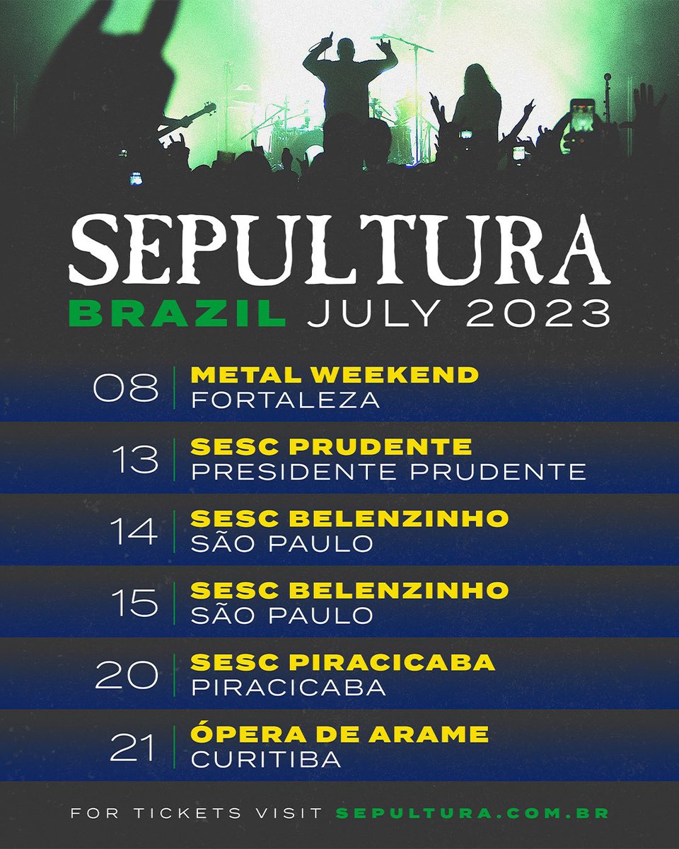 🇧🇷Brasil🇧🇷 Estamos animados com as nossas próximas datas em Julho!
Ingressos já disponíveis para Fortaleza, Presidente Prudente e Curitiba! Piracicaba e Belenzinho com vendas abertas em breve! Mais informações no sepultura.com.br/tour-dates

Fala pra gente onde vamos nos encontrar!