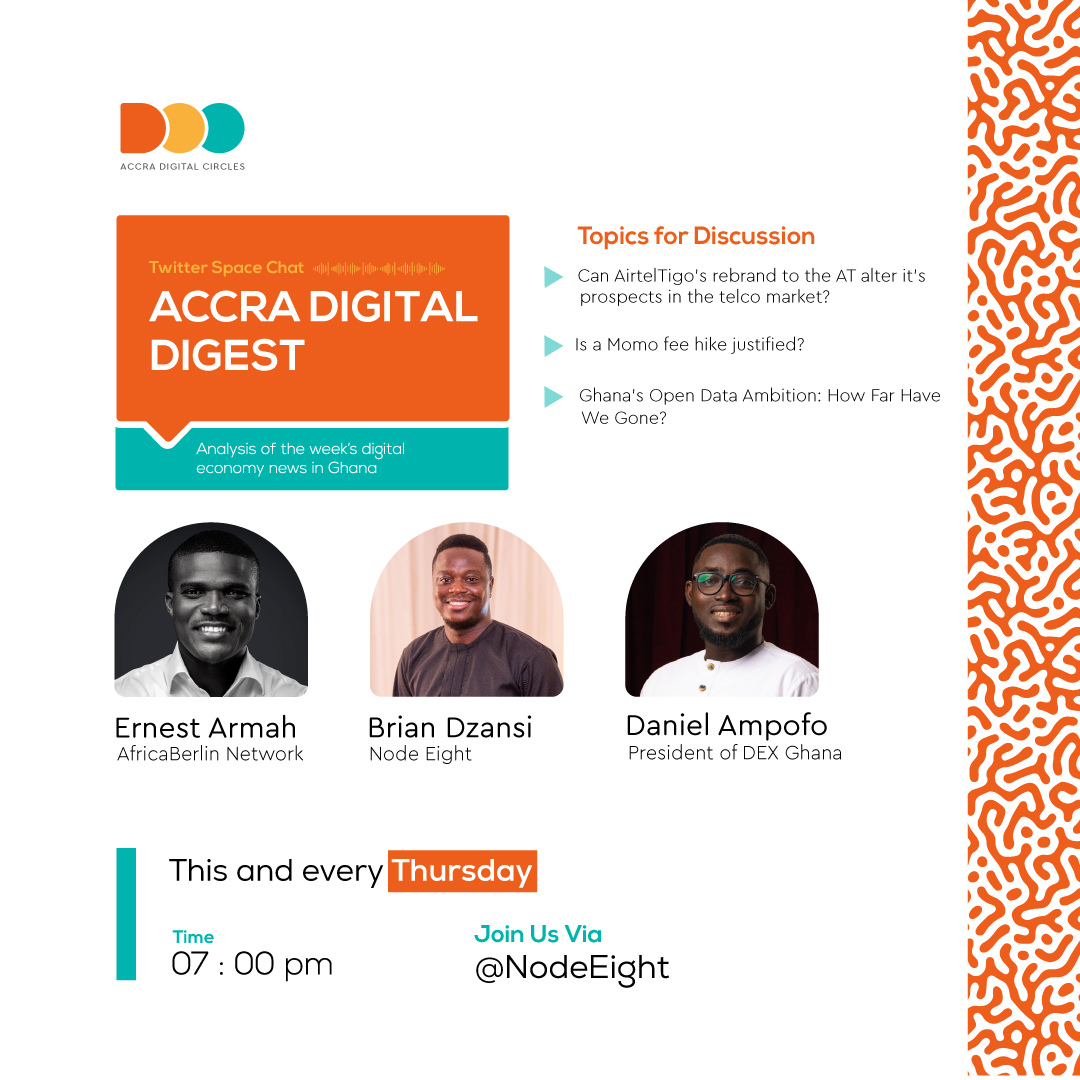 ⏰ At 7 PM today, be part of another Accra Digital Digest #twitterspace conversation with @mrashitey, @dzansibrian, and @iamdanielampofo. Discover the latest trends and strategies in Ghana's digital space. 

Set a reminder at twitter.com/i/spaces/1djGX… for an insightful session!