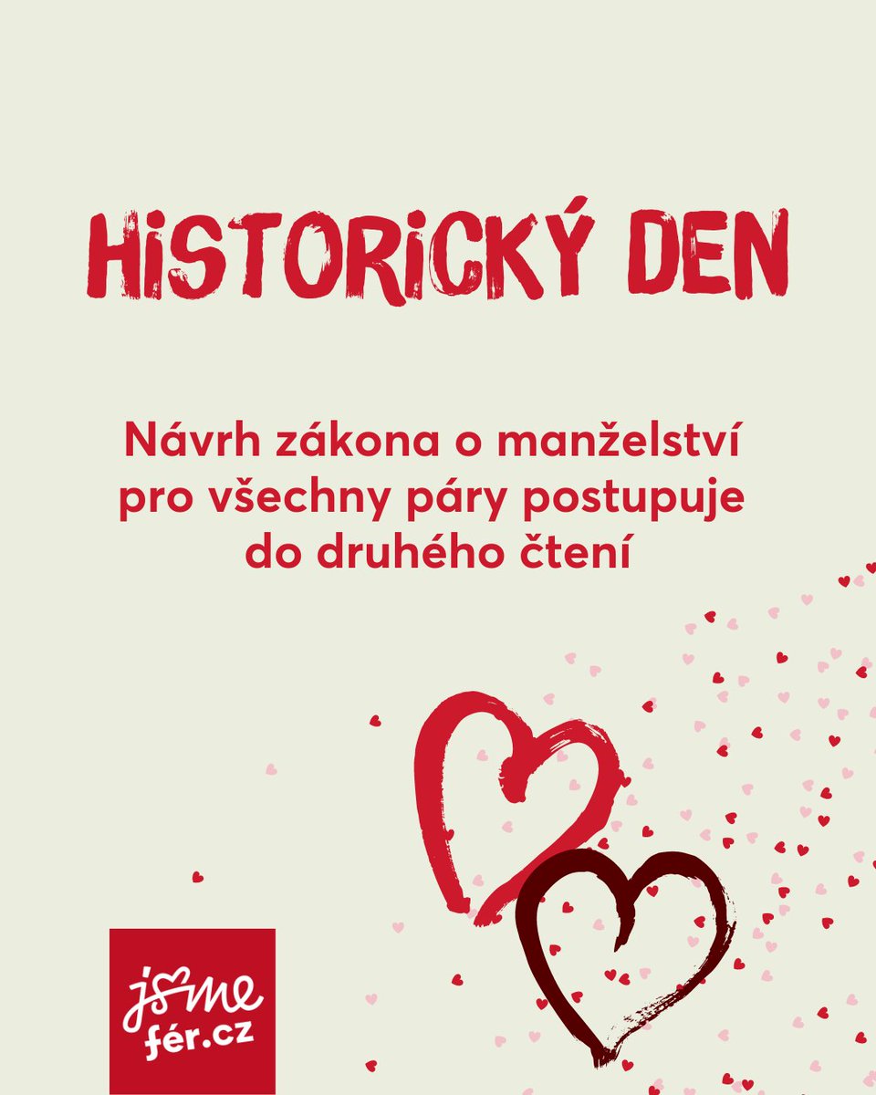 JsmeFer's tweet photo. @snemovna @olgarichterova @PiratskaStrana @kducsl @PatrikNacher @Exner_STAN @STANcz Férový alarm📢 Historický den pro Českou republiku a spravedlnost statisíců LGTB rodin, desetitisíců páru a tisíců rodin s dětmi. Sněmovna poslala novelu zákona o manželství pro všechny páry do druhého čtení. https://t.co/EWj9aS21Wo