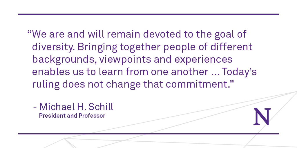 In light of today’s Supreme Court rulings on race and university admissions, President Schill shares a message to the Northwestern community. 

northwestern.edu/leadership-not…