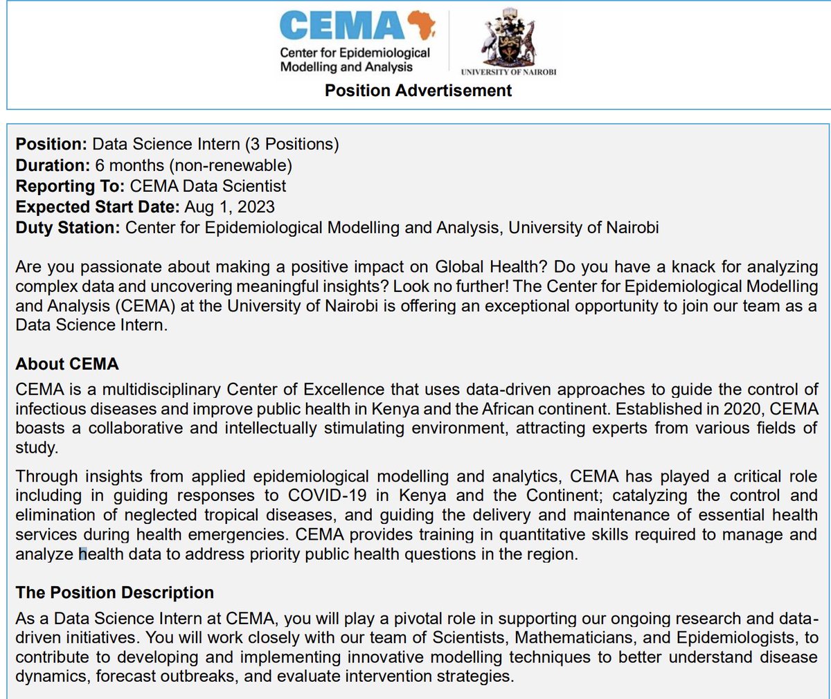Looking for a Data Science internship? CEMA is looking for you. Please apply. Deadline: 12th July 2023. Link: tinyurl.com/yckta2ze