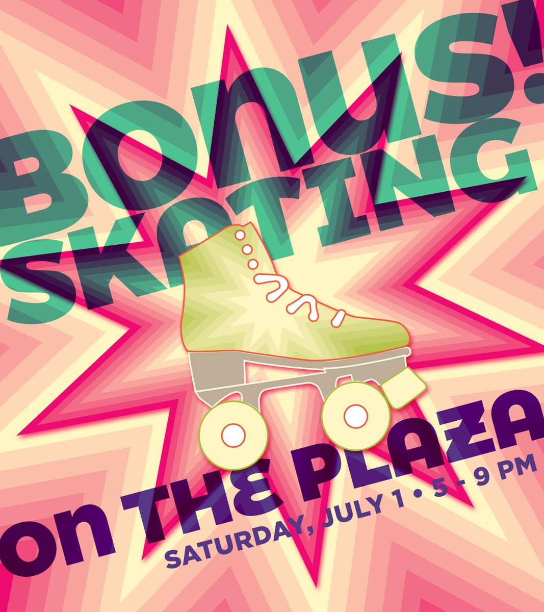 BONUS! SKATING! ON THE PLAZA!
This Saturday, July 1, from 5 - 9 pm, smack dab in the middle of Rib, White & Blue Fest action. Skates are just $2 to rent, plus festival food nearby & beverages available for purchase on-site. #letsSkate #downtownAkron #weekendFun