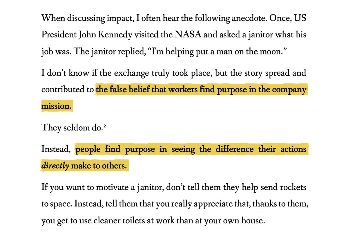 DellAnnaLuca's tweet photo. Most workers don't find purpose in the company mission.

They find purpose in seeing the difference their actions directly make on others.

Managers: talk less about mission and more about *specific and concrete* examples of how your workers would be missed if they were gone. https://t.co/w3NwD54B2G