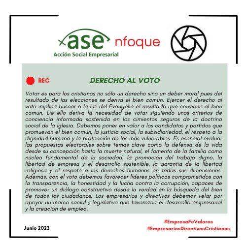 somosase's tweet photo. 🆕️ #ASEnfoque 

DERECHO AL VOTO

"Los empresarios y directivos cristianos debemos apoyar un marco social y legislativo que favorezca el desarrollo de la actividad empresarial y la creación de empleo ".

#EleccionesGenerales2023 https://t.co/rrfwdCI71s