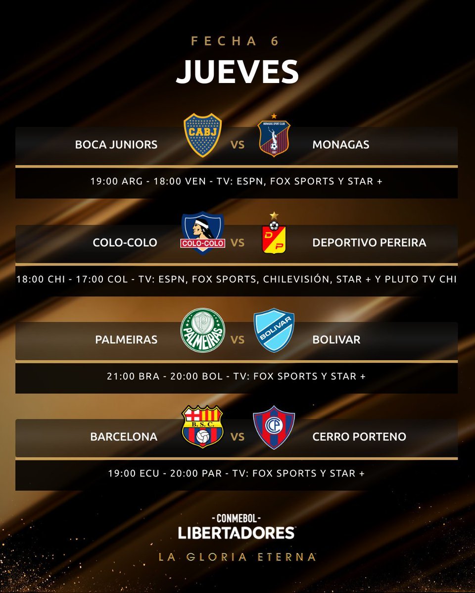 CalcioArg's tweet photo. Ultima notte della fase a gruppi! #CopasConmebol
📺 #MolaTV
🏆#Libertadores
⏰ 00:00
🇦🇷 #Boca-Monagas 🇻🇪
-----
🏆#Sudamericana
⏰ 00:00
🇦🇷 #Newells-Audax Italiano 🇨🇱
⏰ 02:00
🇦🇷 #DefensaYJ-Millonarios 🇨🇴 https://t.co/cyc9jXy68C