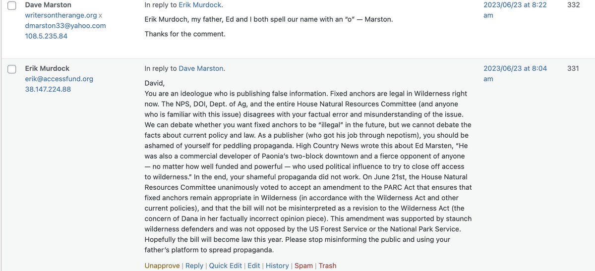 WritersRange's tweet photo. @accessfund interim director Erik Murdock posted this defamatory comment publicly on our website about me. I urge the board of The Access Fund to use facts rather than tired terms like propaganda and lies to argue their point. Their biggest sponsors: @REI @BlackDiamond https://t.co/ZR91opa6bC