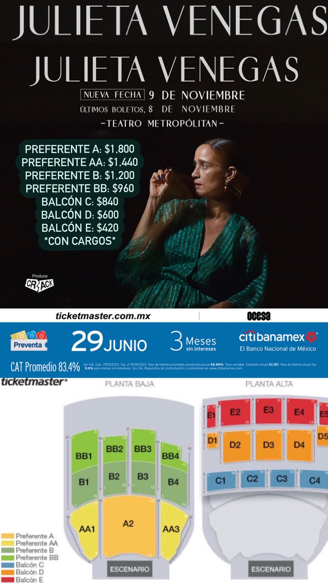 ailoviutl's tweet image. Julieta Venegas 🪗
9 de Noviembre 🗓️
Teatro Metropólitan 🏟️

🎟️ Preventa Citibanamex 🎟️ 11:00 AM
💳 Únicamente tarjetas débito/crédito Banamex 💳

Link: bit.ly/3NTmYYO

🎫 Fechas de Preventa 🎫
29/06 Preventa Citibanamex 11:00 AM
30/06 Venta General 11:00 AM

🎟️ Precios…