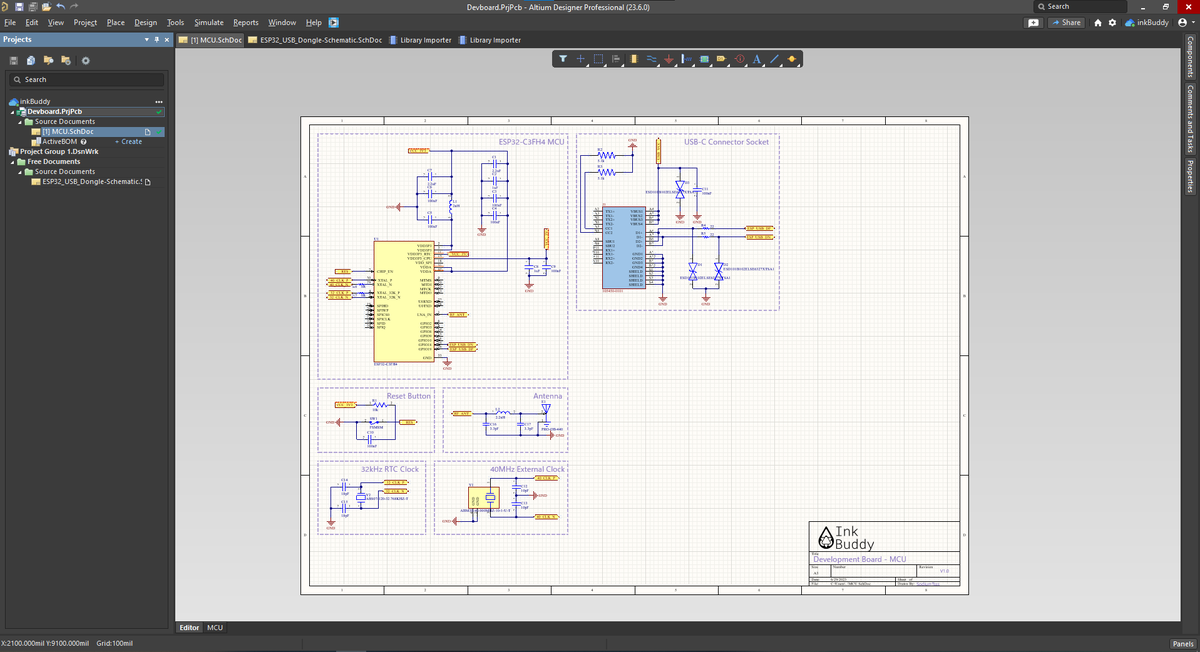 SodiumPosts's tweet photo. Spent basically all day designing a schematic for our development boards. Connected up the basic parts for the esp32-c3fh4. 

Whats left is the power management system, GPIO pinouts and a display connector, then we're off to PCB design.
Criticism is very welcome!😄 https://t.co/8UjmMao4oX
