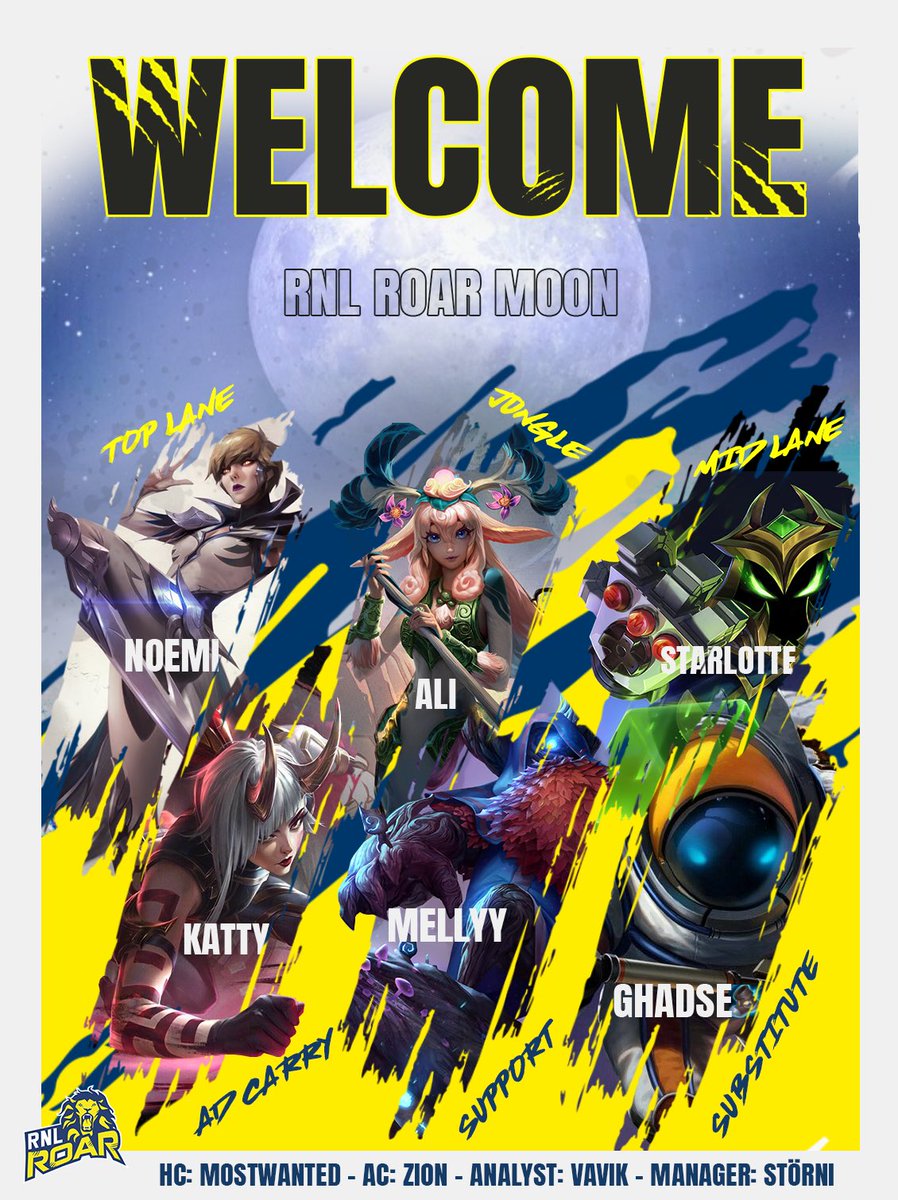 Die Löwen erobern den Mond!🌒
Wir begrüßen ganz herzlich unsere neuen Löwinnen RNL ROAR Moon!🦁

🌕Top: <a href="/Noemi_Aru/">NoemiNT</a>
🌖Jungle: <a href="/aQuietSwan/">Ali</a>
🌗Mid: <a href="/xStarlotte/">@Starlotte</a>
🌘ADC: <a href="/qqkatty/">qqkatty</a>
🌑Supp: #Mellyy
💫Substitute: <a href="/GhadseTTV/">Ghadse</a>

#RNL #EqualEsportsCup #ROAR