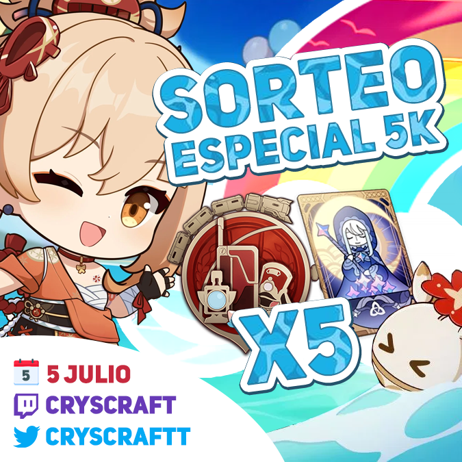 CrysCraftt's tweet image. 🔥🔥🔥 SORTEO ESPECIAL 5K!! 🔥🔥🔥

🎁 5 BENDIS (Genshin o Star Rail) SI LLEGAMOS A LOS 5K de TWITTER SORTEO +5 BENDIS!! 🎁

⭐ Follow en Twitch ➡️ twitch.tv/cryscraft
⭐ Follow en Twitter ➡️ @CrysCraftt
⭐ RT 🔁

📅 DÍA 5 de JULIO!! A las 19:00 (hora España) en TWITCH 💜!