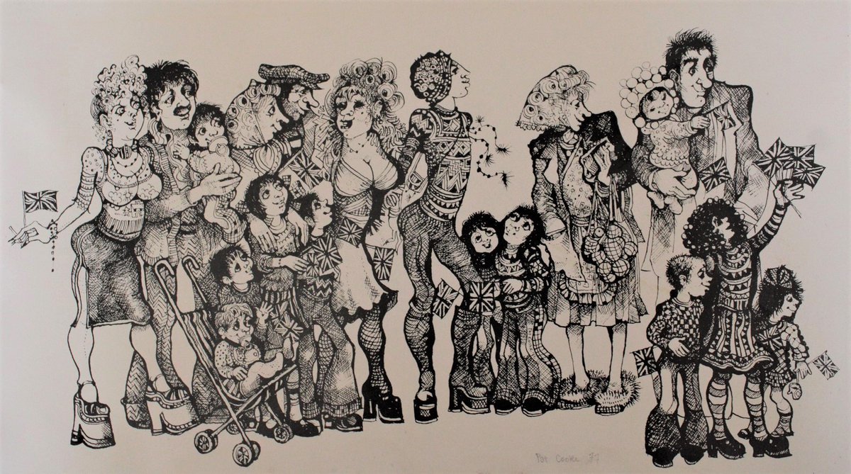 Looking through some old prints tonight and came across this one by Cheshire artist Pat Cooke (1935-2000) A friend of LS Lowry. 
Harold Wilson had some of her work in 10 Downing St. This one is the Queen's visit to #Liverpool in 1977 <a href="/angiesliverpool/">Angies Liverpool</a> #WomenArtists #platformshoes