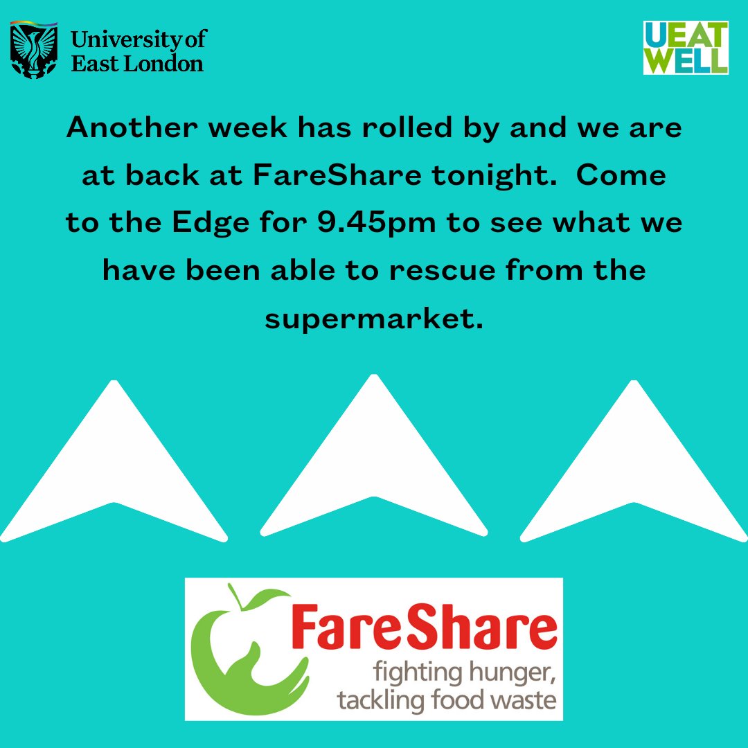 We're back....It's Thursday, so it must be FareShare night. Come to the Edge for 9.45pm tonight to see what we have been able to rescue from the supermarkets.  
#preventfoodwaste #nomorefoodwaste #freefood #sustainability #DocklandsCampus #UEL #uellife