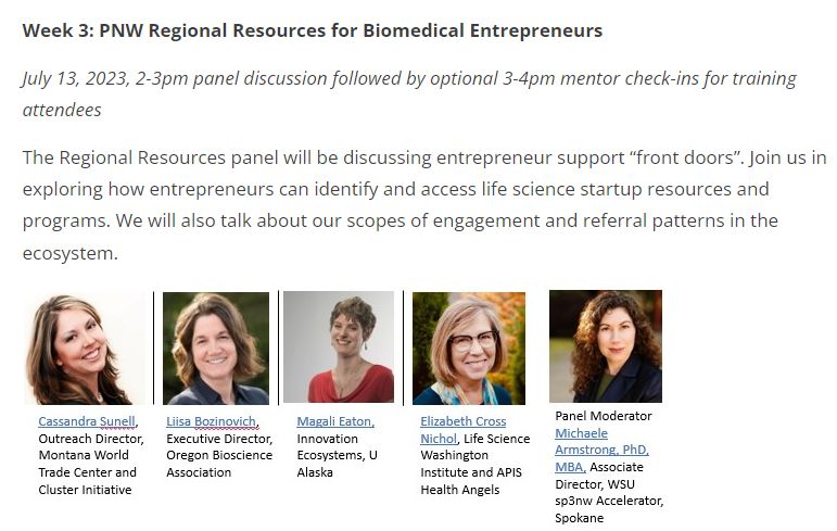 We are excited to be a part of the "PNW Regional Resources for Biomedical Entrepreneurs" panel on July 13th from 2-3pm PST to discuss entrepreneur support “front doors."  Join us in exploring how entrepreneurs can access life science startup resources.

hubs.li/Q01Wgvpx0