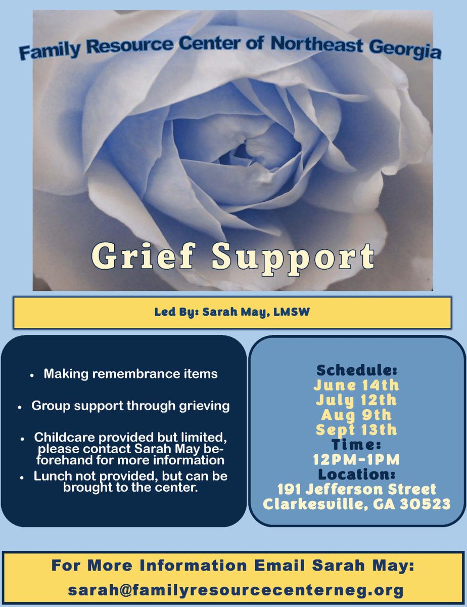 Grief affects everyone differently. If you or someone you know is struggling with the pain of grief, please consider attending our Grief Support Group led by Sarah May, LMSW. For additional information, email sarah@familyresourcecenterneg.org.
