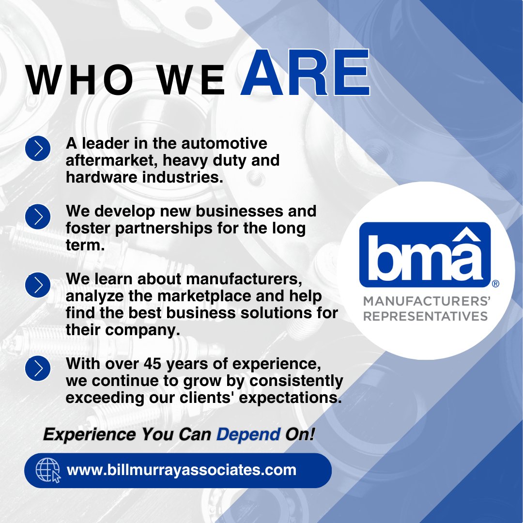 BillMurrayAssoc's tweet photo. We welcome you to our page where we talk about all things automotive aftermarket industry! We're a unique manufacturers’ rep agency founded on executive sales management expertise and high-quality sales teams knowledge! Learn more at https://t.co/HK6UiKmJOL. #BillMurrayAssociates https://t.co/NaTr1jOw7y