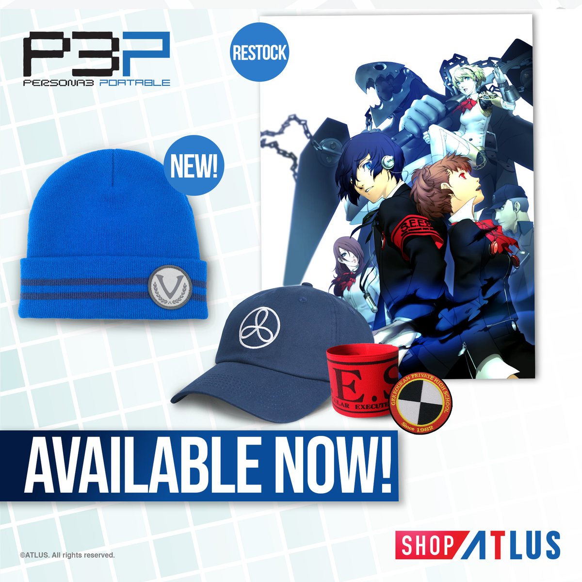 Our Persona 3 Portable Collection is back stock, along with a new beanie inspired by the Velvet Room! Don’t miss your chance to grab yours! 💙

#Persona3Portable #P3P #Persona3 #P3