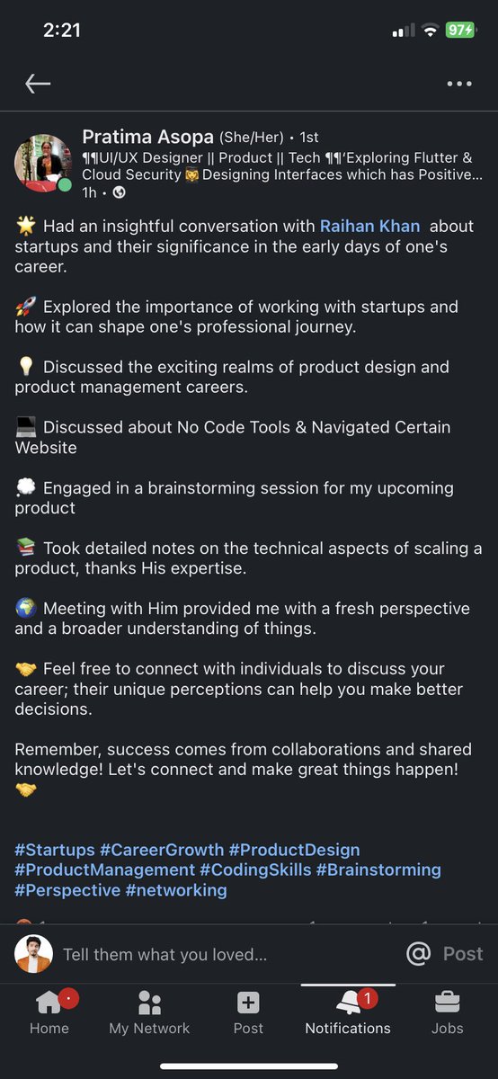 I started doing a few 1:1 mentorship calls with few selective peeps and it’s going well so far… 💪🏻

I’m grateful to see that people are finding value out of it :)

Talking to new people gives you a whole new direction and perspective… works like charm ✨