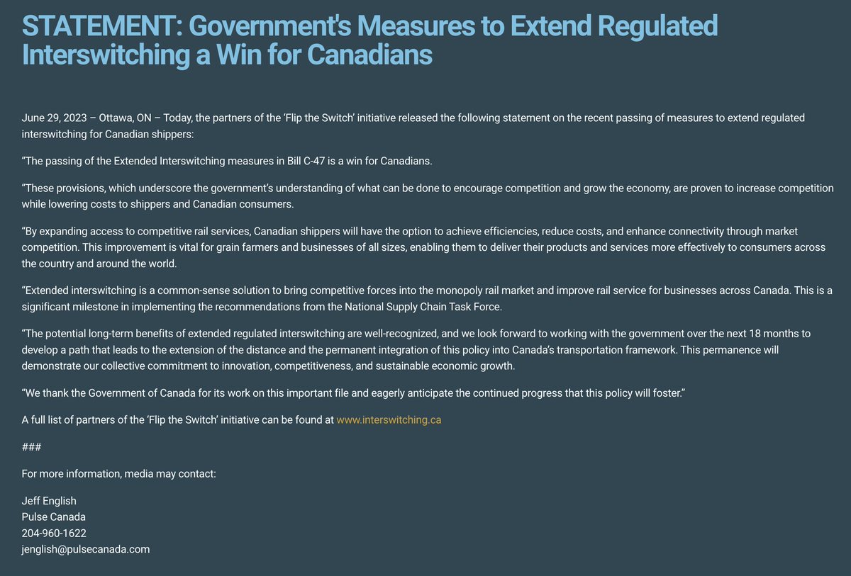 Extended regulated interswitching is a win for Canadians.

We thank the Government of Canada and look forward to continuing our work together to make this policy permanent. 

Read the statement from 'Flip the Switch' partners below #cdnag #cdnpoli #fliptheswitch