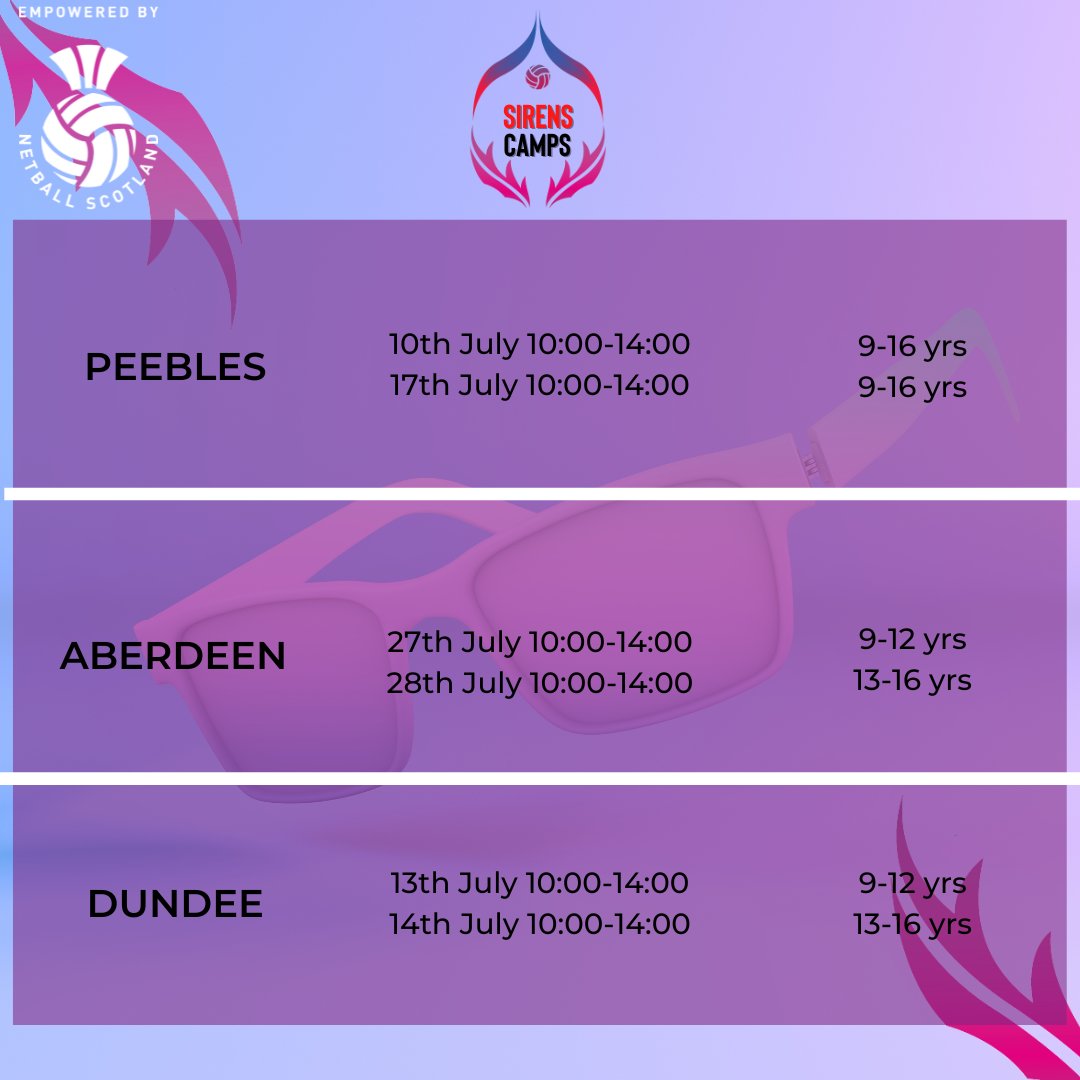 SirensNetball's tweet image. Here is a reminder of our Sirens Summer Camp dates☀️

A fantastic opportunity to get your netball fix over the summer holidays &amp;amp; be coached by your Strathclyde Sirens🧜‍♀️

Limited places available book now to avoid disappointment: bit.ly/SirensSummer20…

#SirensTribe #SummerCamps