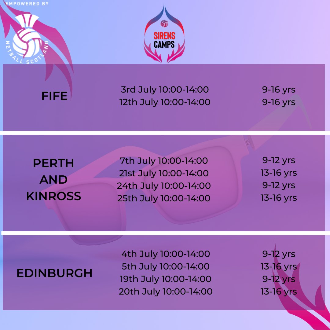 SirensNetball's tweet image. Here is a reminder of our Sirens Summer Camp dates☀️

A fantastic opportunity to get your netball fix over the summer holidays &amp;amp; be coached by your Strathclyde Sirens🧜‍♀️

Limited places available book now to avoid disappointment: bit.ly/SirensSummer20…

#SirensTribe #SummerCamps
