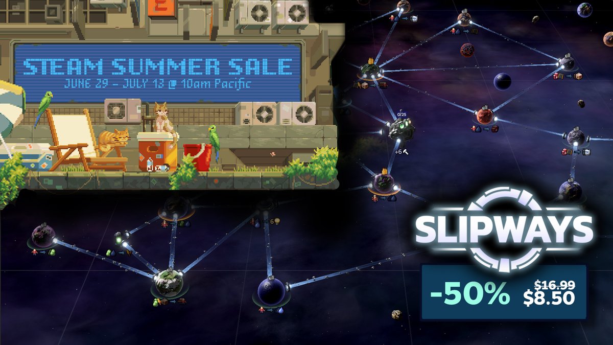 Slipways is now part of the Steam Summer Sale, joining at its biggest discount so far (50%)! 🌞 Get your discounted galaxies here and enjoy the chill of outer space during this hot, hot summer: store.steampowered.com/app/1264280/Sl… #gamedev #indiegame