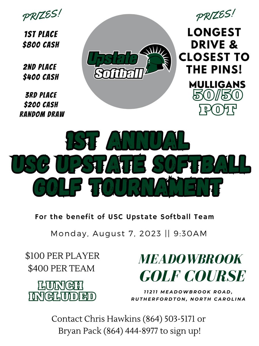 <a href="/UpstateSoftball/">USC Upstate Softball</a> hosting 1st annual golf tournament on Monday, August 7th!!! Contact me to sign up! 20 team limit!