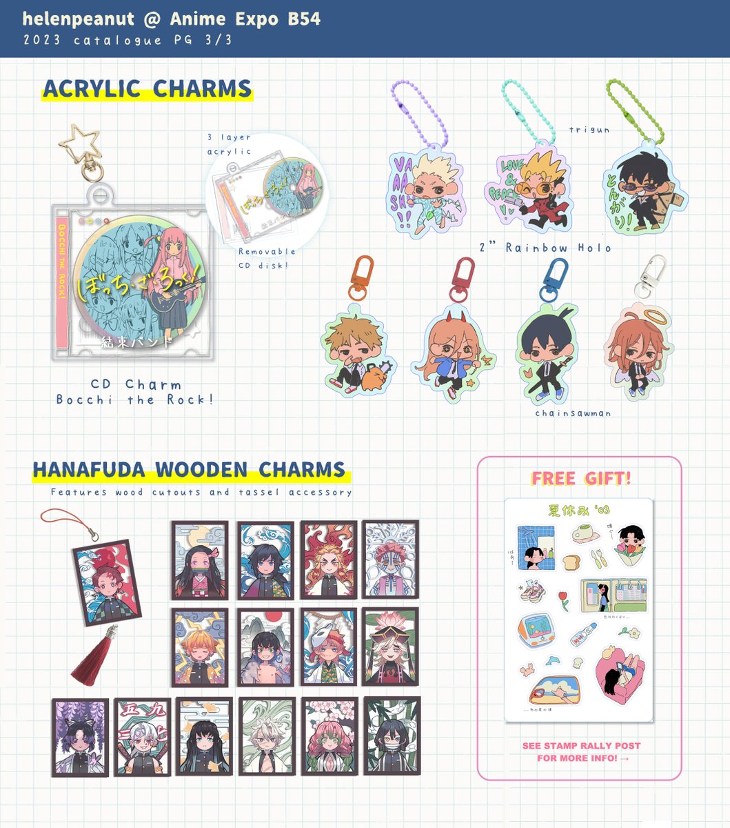 HELLO I'll be at #AnimeExpo2023 at B54, here's my AX catalogue with lots of new stuff!! 🌱✨ 

tote bags and acrylic charms!?? 😳💕

I'm also hosting a themed stamp rally with friends with HUGE prizes so please don't miss it!

(1/2)

#AX2023ArtistAlley #AXArtistAlley2023 #AX2023