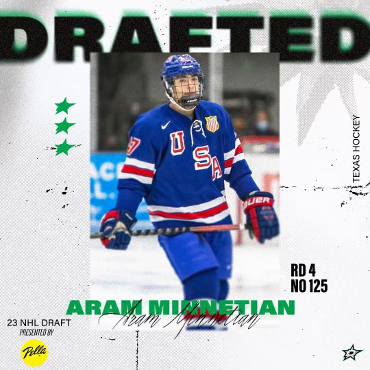 X - Dallas Stars (@dallasstars) on Twitter photo With pick 125, we have selected Aram Minnetian from the USNTDP!
Welcome to #TexasHockey, Aram!
<a href="/PellaTexas/">Pella Windows Dallas</a> | #NHLDraft With pick 125, we have selected Aram Minnetian from the USNTDP!
Welcome to #TexasHockey, Aram!
<a href="/PellaTexas/">Pella Windows Dallas</a> | #NHLDraft