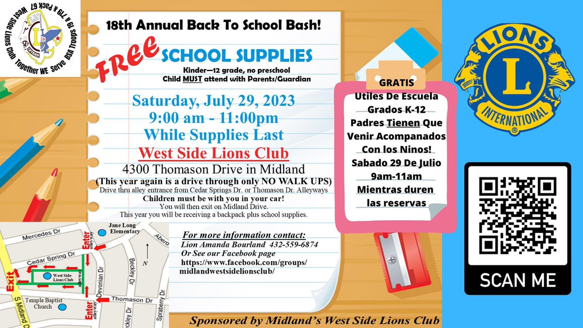 FreewillMidland's tweet photo. Last year, the Midland West Side Lions Club and volunteers distributed 1000 backpacks in 90 minutes during their Annual Back To School Bash!

2023 is their 18th year of generosity to Midland, Texas students. The drive-through backpack give-away will be held Saturday, July 29th. https://t.co/9RHrUfLYvI