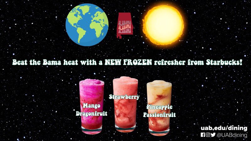 Beat that Bama heat with a new Frozen Starbucks Refresher, available now at Starbucks in Hill Center!! 🍓🍍🥭☀️

#uabdining #starbucks
