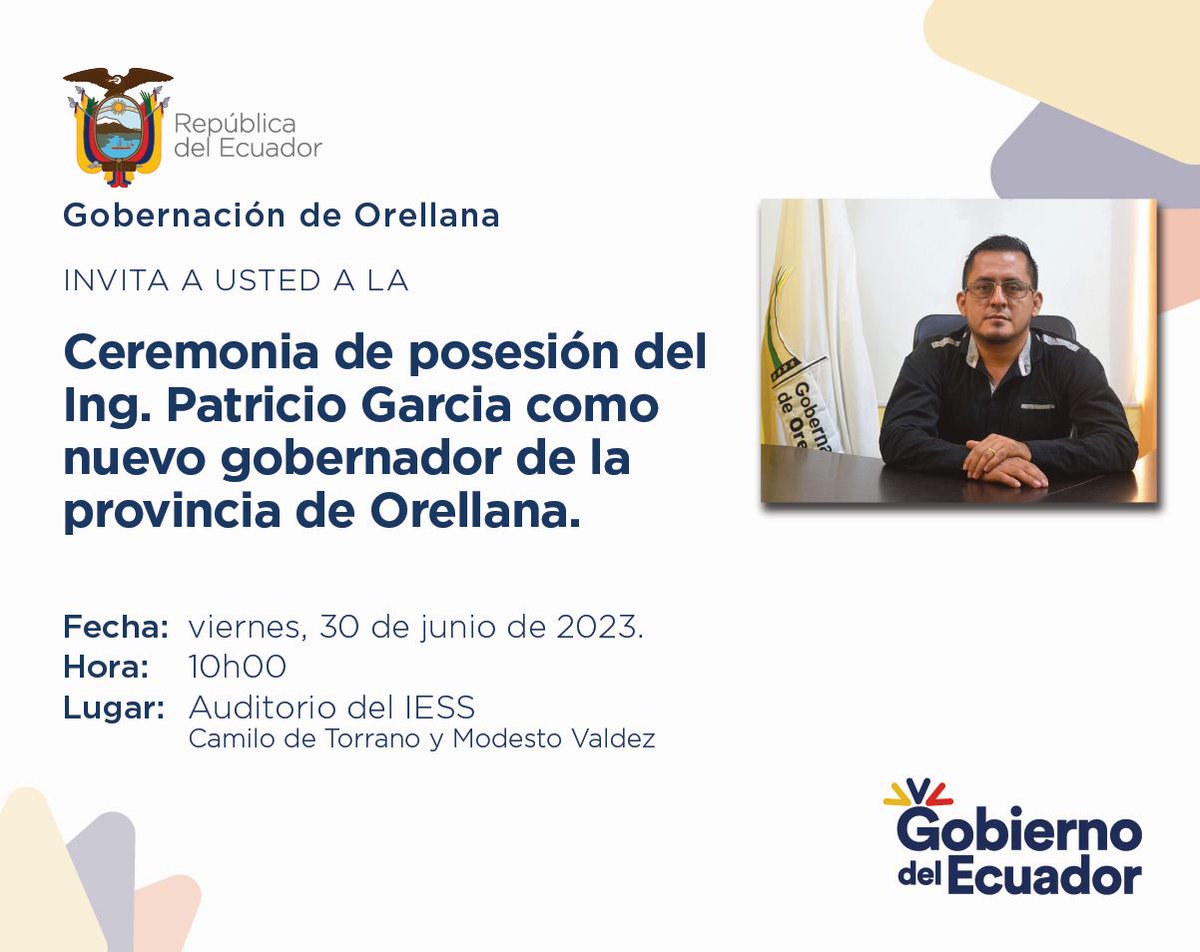 #INVITACIÓN 

📍 #ElGobiernoDelEcuador a través de la Gobernación de Orellana, te invitan a la 👉 Ceremonia de Posesión del Ing. Patricio García, como nueva autoridad provincial.

#NuestroTrabajoContinúa @LassoGuillermo @henrycucalon @CarlosHZabalaA1 @CapiZapataEC @patriciomgp