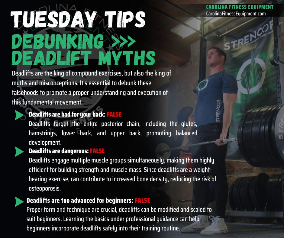 CF_Equipment's tweet photo. Debunking Deadlift Myths 
Deadlifts are the king of compound exercises, but also the king of  myths and misconceptions. It's time to debunk these false ideas and promote proper understanding of this  movement.
#TuesdayTips #TrainSmart #carolinafitnessequipment https://t.co/Qb0J1wSvCv