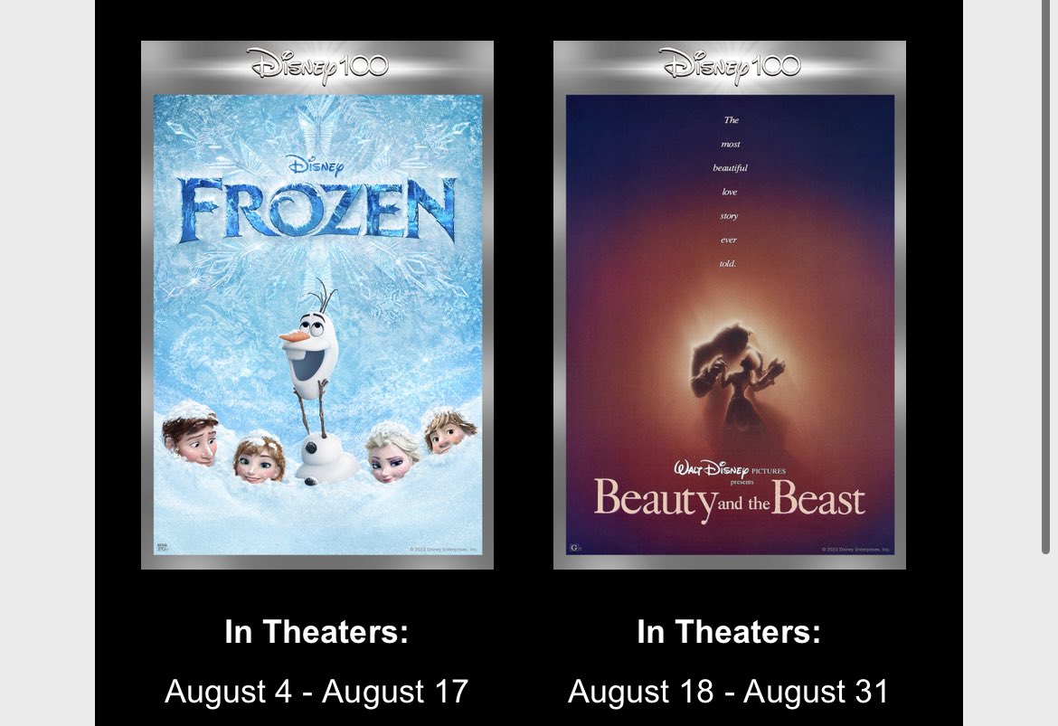 ScottGustin's tweet photo. Disney is re-releasing eight classic films at select theaters July - October as part of its #Disney100 celebration. Films and dates: https://t.co/eh2Y98dUV5