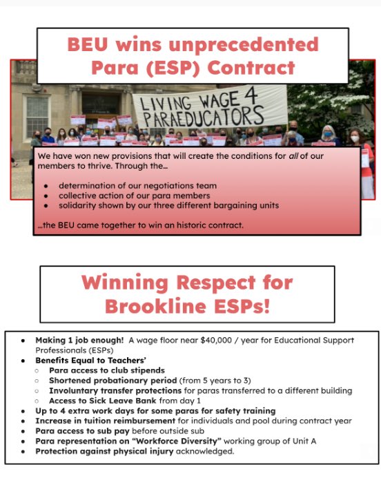 We are thrilled to share with you that the Brookline Paraprofessional’s have a 3 year contract! #beubrookline #respect