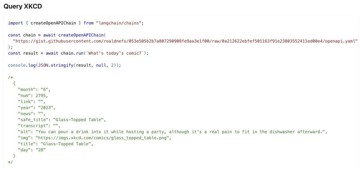 💯 OpenAPI Spec 🤝 OpenAI Functions 💯

The OpenAPIChain is now in <a href="/langchain/"></a> JS/TS v0.0.100!

It can autonomously select an API endpoint, populate params, and make a call with just an arbitrary OpenAPI spec and input.

Docs, or keep reading for more 👇

js.langchain.com/docs/modules/c…