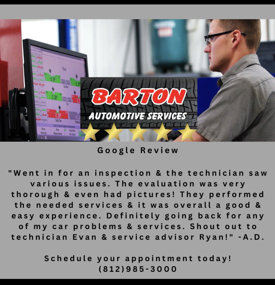 Personal testimonies mean a lot to us because we genuinely care about each individual &amp; family. We appreciate the time taken out of one's day to share a review as we know life is busy. Schedule your appointment by calling (812)985-3000 or online at bartonautomotive.com/index.php/sche…