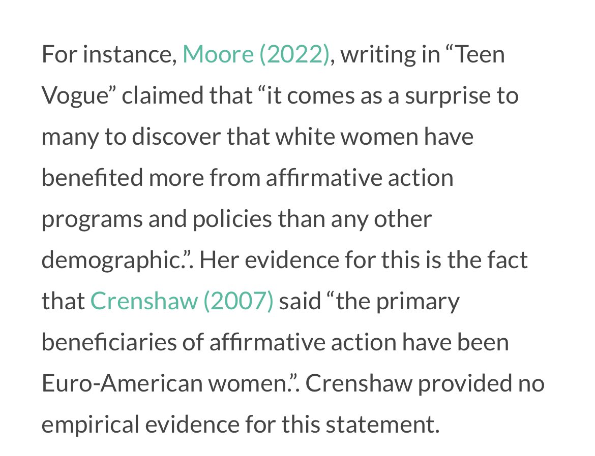 The claim that white women have benefited most from affirmative action is based on a throwaway comment by Kimberlee Crenshaw. There was never any evidence provided and this is endlessly repeated by midwits.