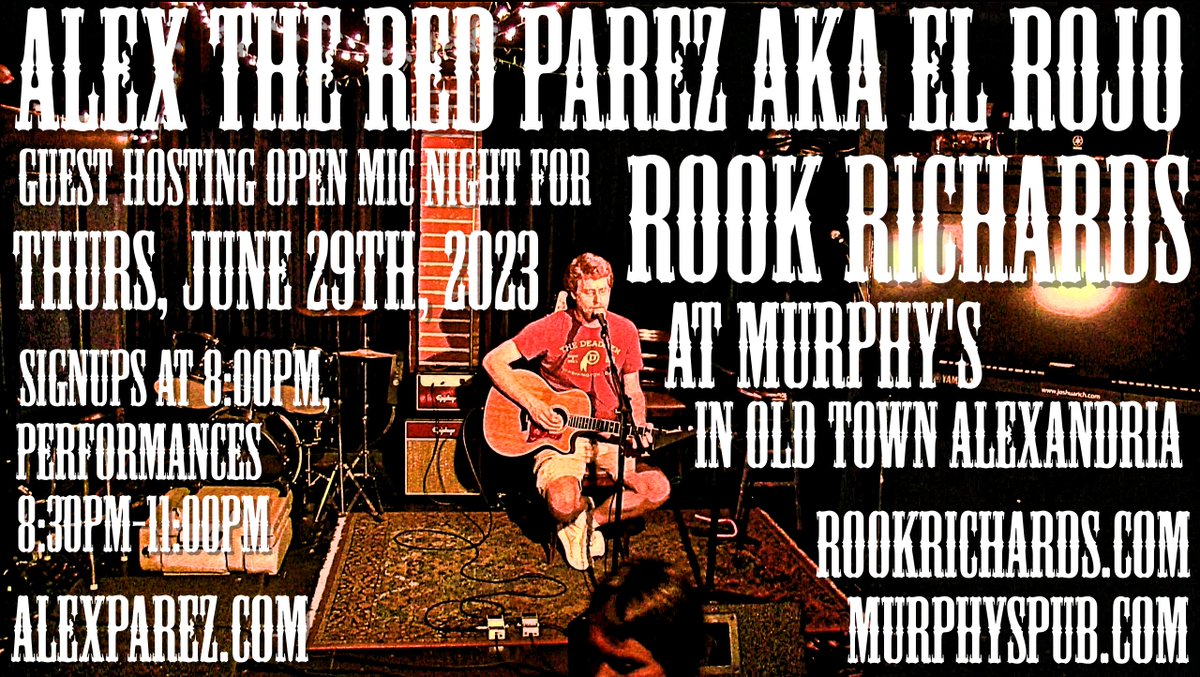 Looking forward to guest hosting open mic night tonight for <a href="/ANoteTwoSelf/">Rook Richards</a> at @alexvamurphys in Old Town Alexandria! UPSTAIRS! Signups at 8:00pm, performances 8:30pm-11:00pm! See you all soon!

alexparez.com/shows

murphyspub.com