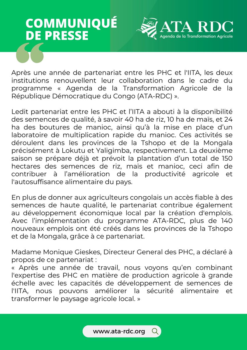 [ COMMUNIQUÉ DE PRESSE ]

Agenda de la Transformation Agricole de la RDC : les <a href="/PHC_RDC/">Plantations et Huileries du Congo</a> Plantations et Huileries du Congo et <a href="/IITA_CGIAR/">IITA</a>  l’Institut International d’Agriculture Tropicale renouvellent leur collaboration après une année de partenariat marquée par des résultats
